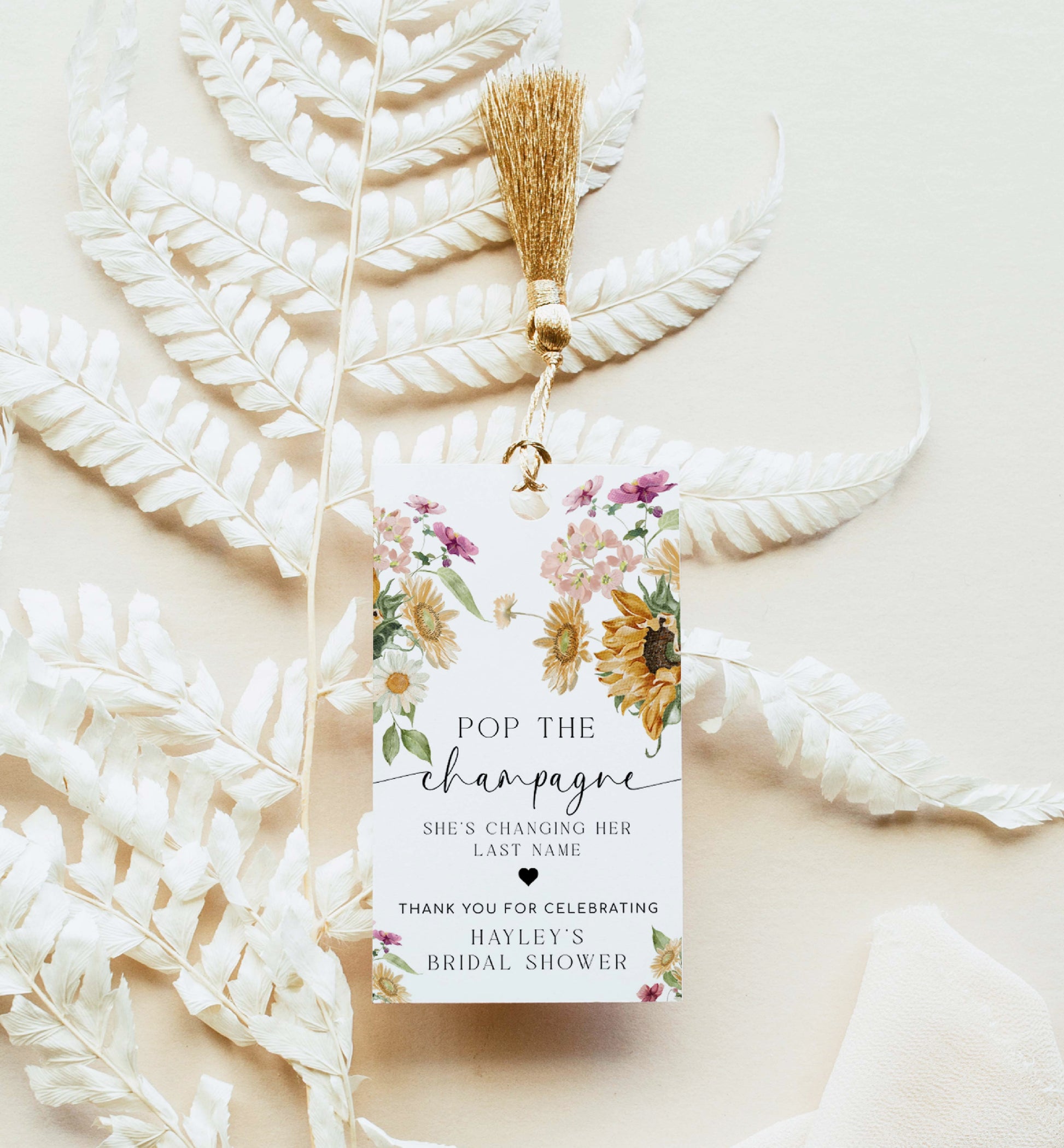 Pop The Champagne Bottle Printable Favor Tag, Fall Sunflower Bridal Shower Changing Her Last Name Favor Tag, Mini Wine Bottle, Mews