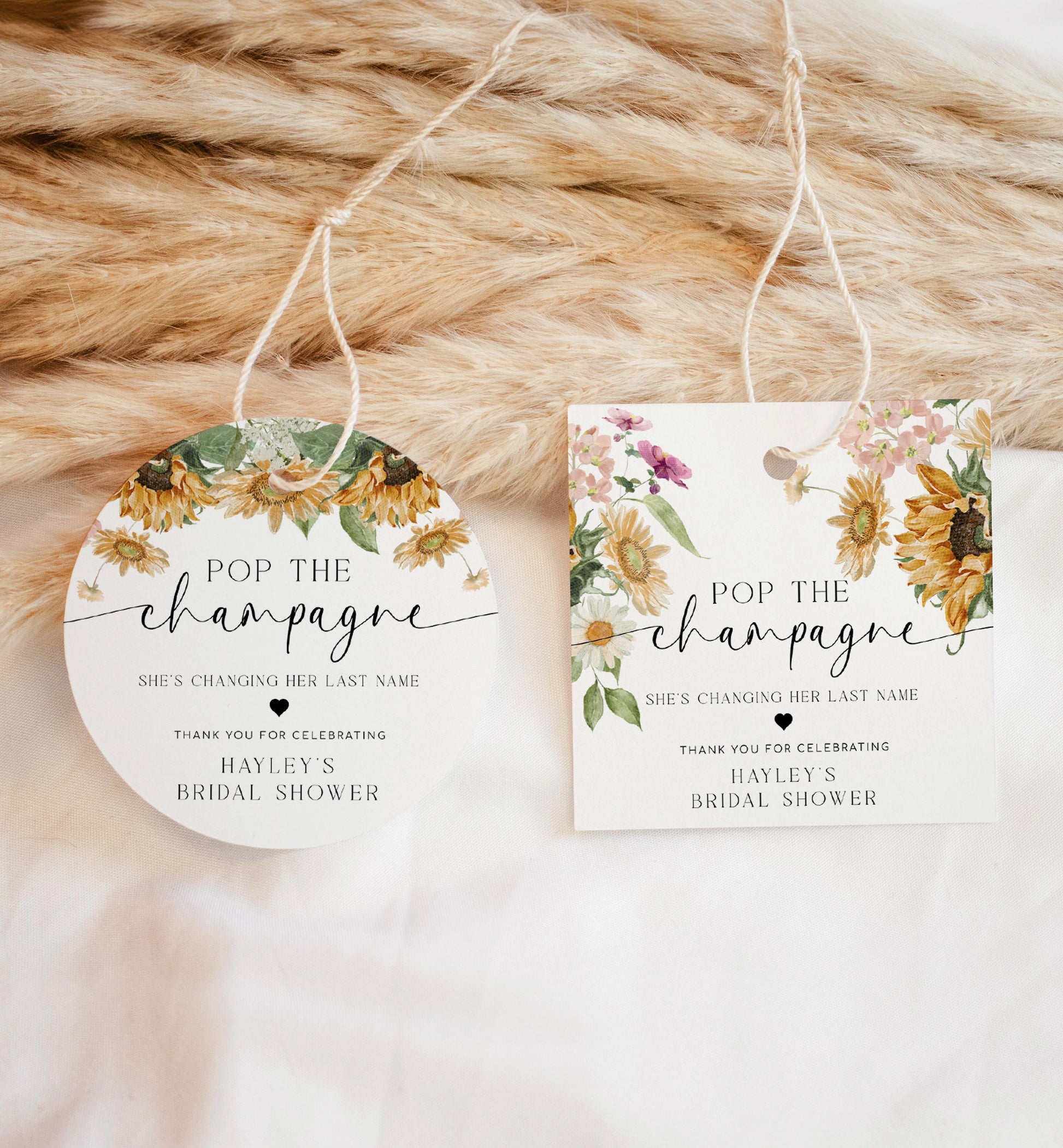 Pop The Champagne Bottle Printable Favor Tag, Fall Sunflower Bridal Shower Changing Her Last Name Favor Tag, Mini Wine Bottle, Mews