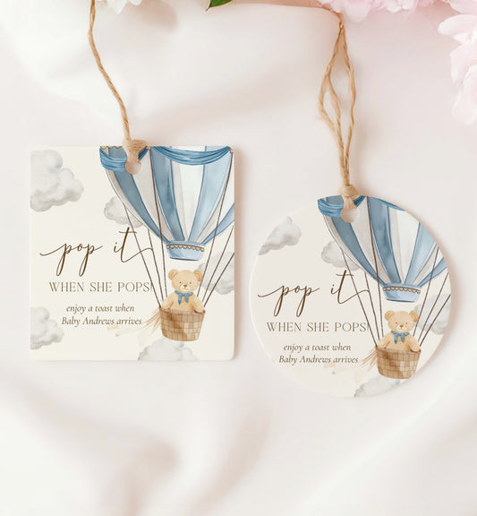 Pop It When She Pops Champagne Favor Tag and Label, Printable Hot Air Balloon Blue Boy Baby Shower Pop It Favor Tag, Teddy Bear Mini Wine Bottle Label