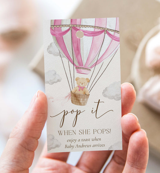 Pop It When She Pops Champagne Favor Tag and Label, Printable Hot Air Balloon Teddy Bear Girl Baby Shower Pop It Tag, Mini Wine Bottle Tag