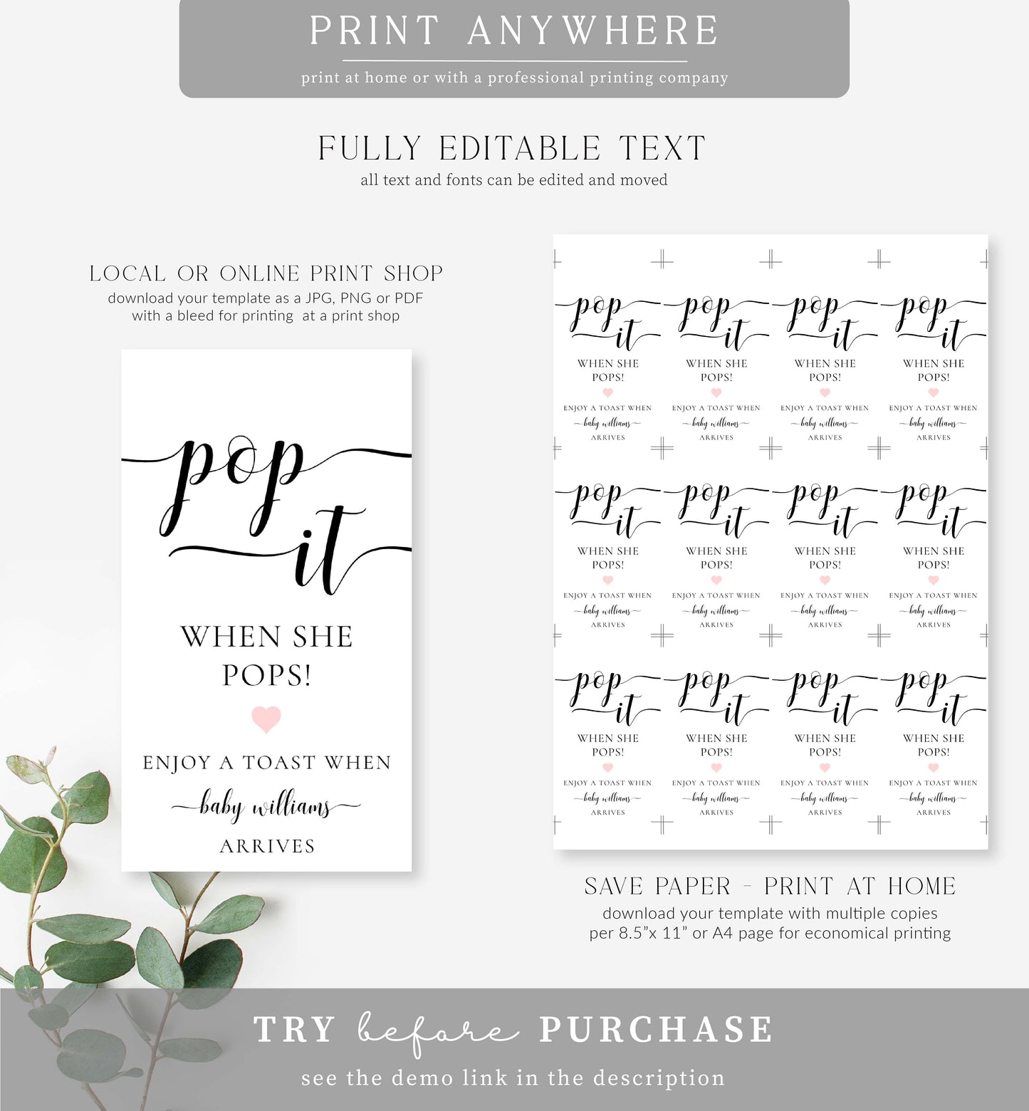 Leyton Script White | Printable Pop It Favour Tags