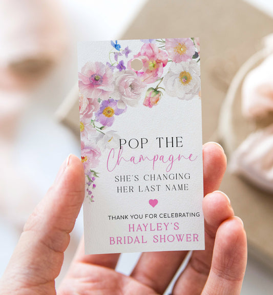 Pop The Champagne Bottle Printable Favor Tag, Spring Wildflowers, Bridal Shower Changing Her Last Name Favor Tag, Mini Wine Bottle, Eloise