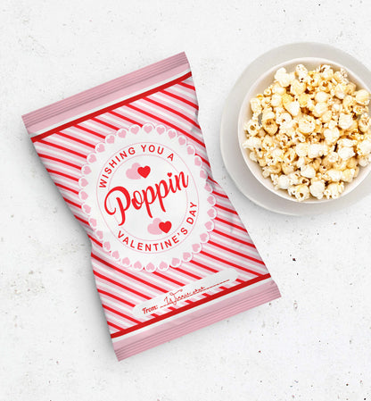 Valentine's Day Popcorn Packet Wrapper, Wishing You a Poppin Valentine's Day Printable Chip Bag Favors, Classroom Valentine's Treat