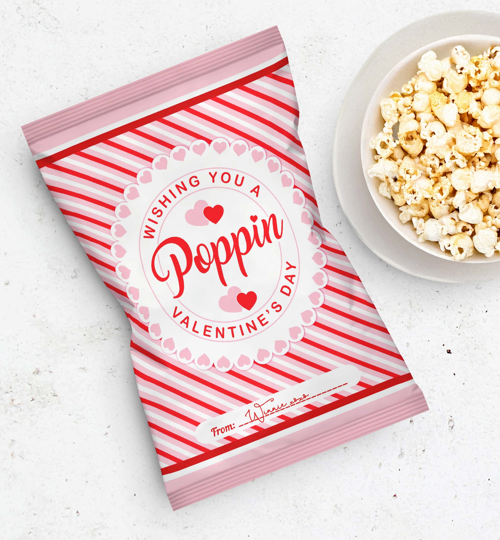 Valentine's Day Popcorn Packet Wrapper, Wishing You a Poppin Valentine's Day Printable Chip Bag Favors, Classroom Valentine's Treat