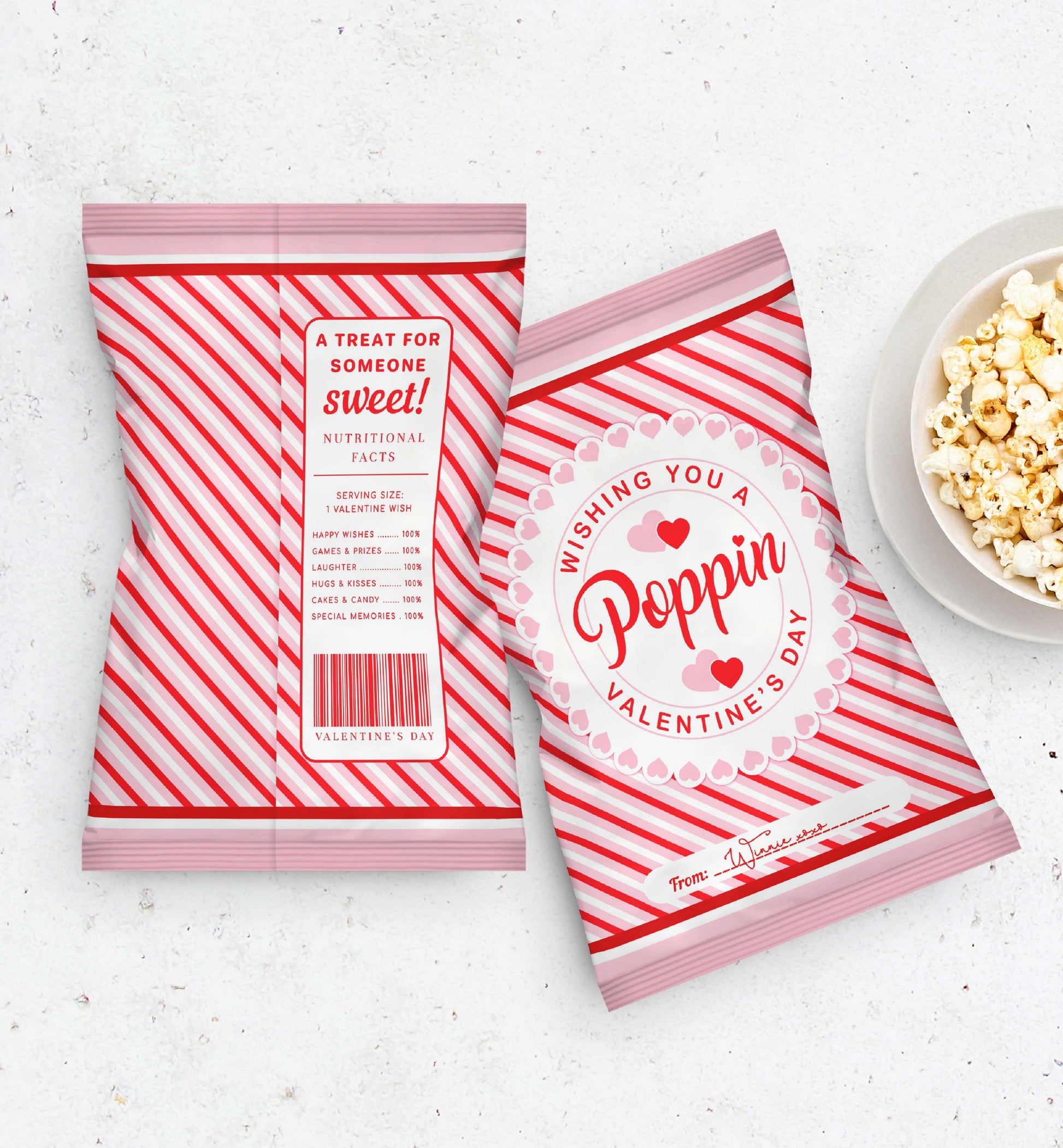 Valentine's Day Popcorn Packet Wrapper, Wishing You a Poppin Valentine's Day Printable Chip Bag Favors, Classroom Valentine's Treat
