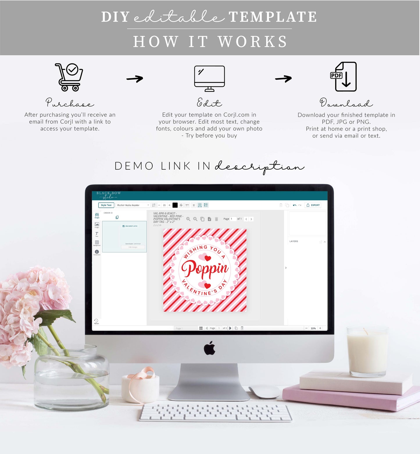 Stripe Red Pink | Printable Poppin Valentine Tag Template