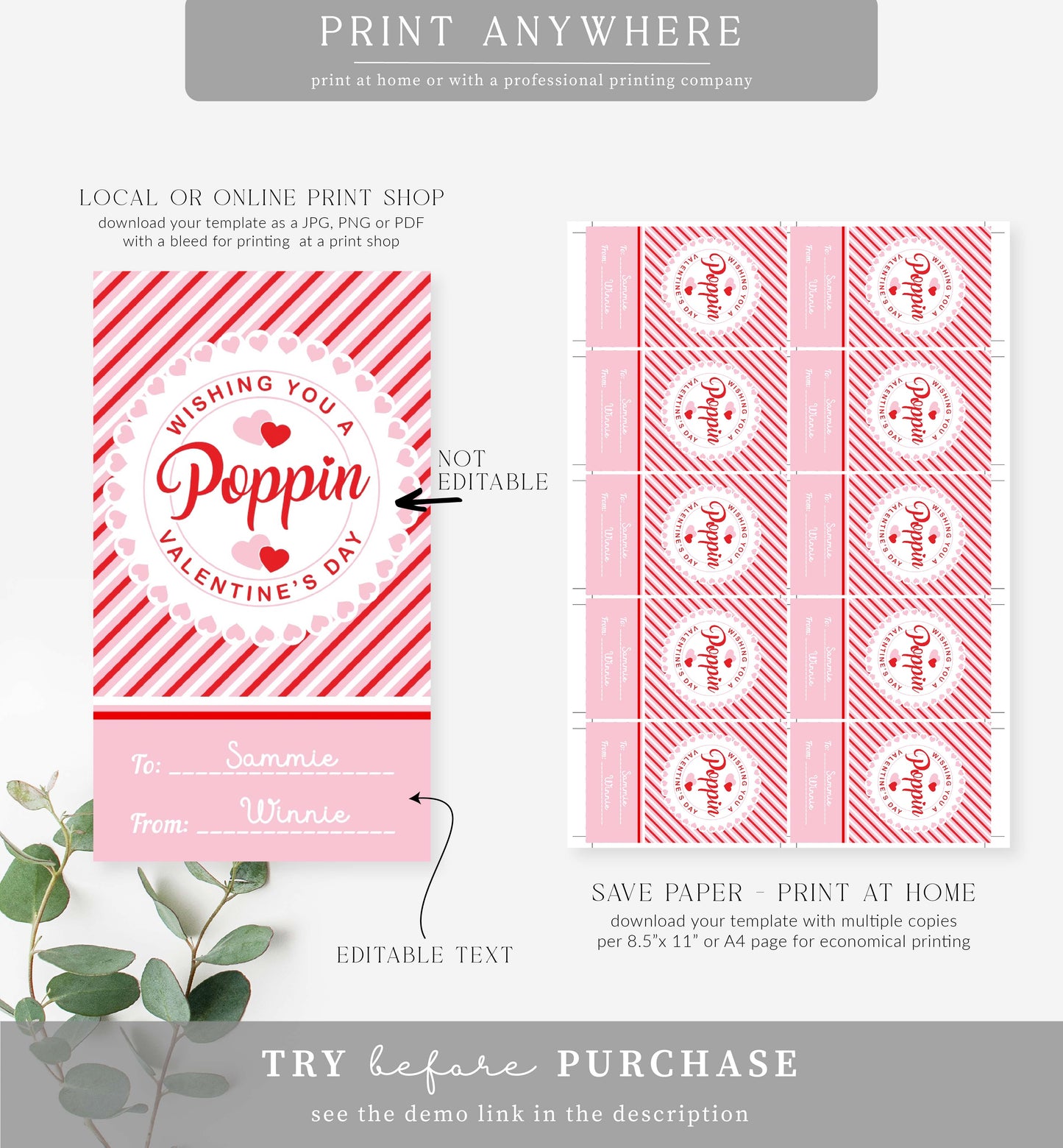 Stripe Red Pink | Printable Poppin Valentine Tag Template