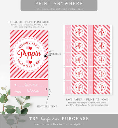 Stripe Red Pink | Printable Poppin Valentine Tag Template