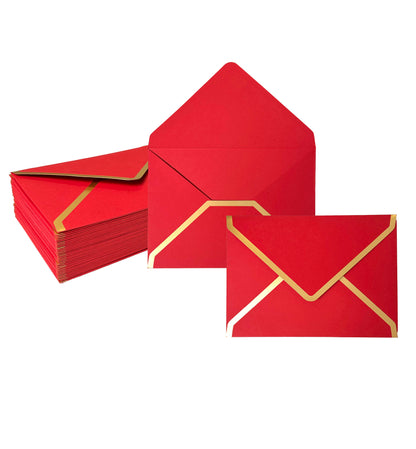 Red envelopes with gold edges on a white background. Luxury Red and Gold Foil Envelopes, Size 5x7 (12.8cm x 17.9cm), Red Envelopes for Invitations, Christmas, Chinese Luna New Year Gift, Luna New Year Gift