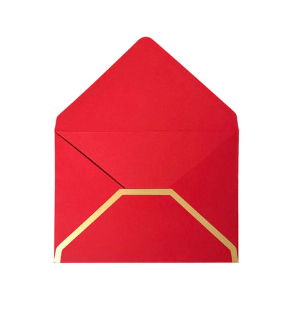 Red envelope with a gold flap on a white background. Luxury Red and Gold Foil Envelopes, Size 5x7 (12.8cm x 17.9cm), Red Envelopes for Invitations, Christmas, Chinese Luna New Year Gift, Luna New Year Gift