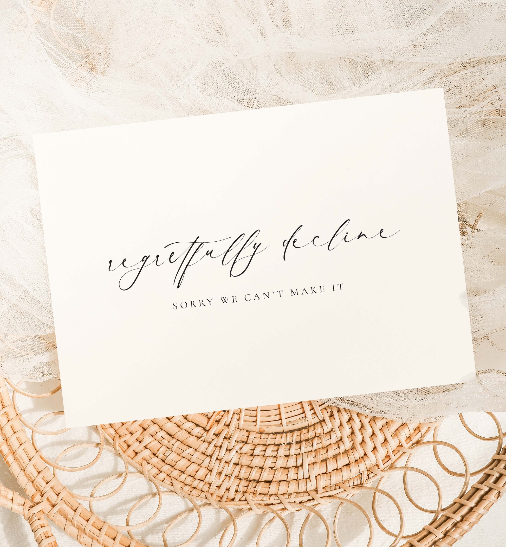 Regretfully Decline Sorry We Can't Make It RSVP Card, With Regrets, Wedding Decline Invitation Card, Minimalist, Off White Ivory, Ellesmere