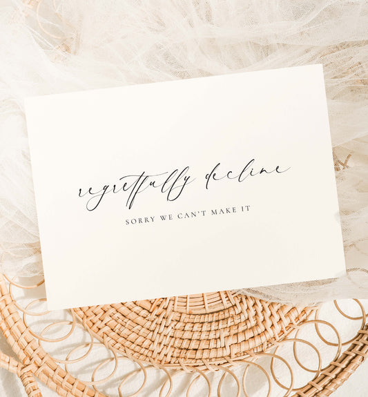 Regretfully Decline Sorry We Can't Make It RSVP Card, With Regrets, Wedding Decline Invitation Card, Minimalist, Off White Ivory, Ellesmere