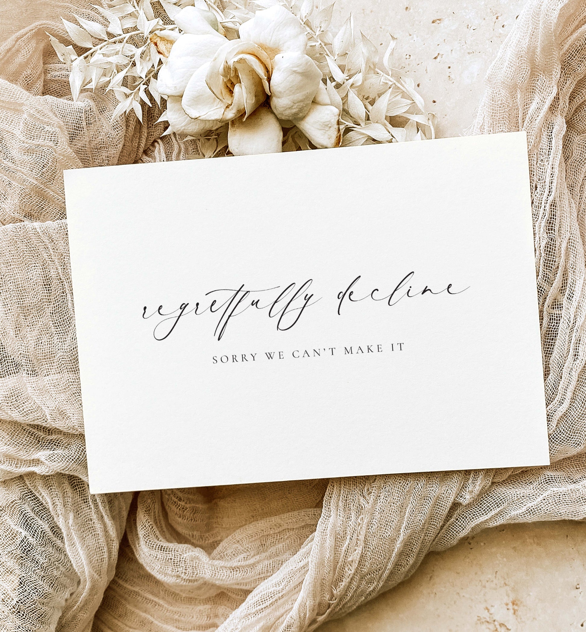 Regretfully Decline Sorry We Can't Make It RSVP Card, With Regrets, Wedding Decline Invitation Card, Minimalist, Off White Ivory, Ellesmere