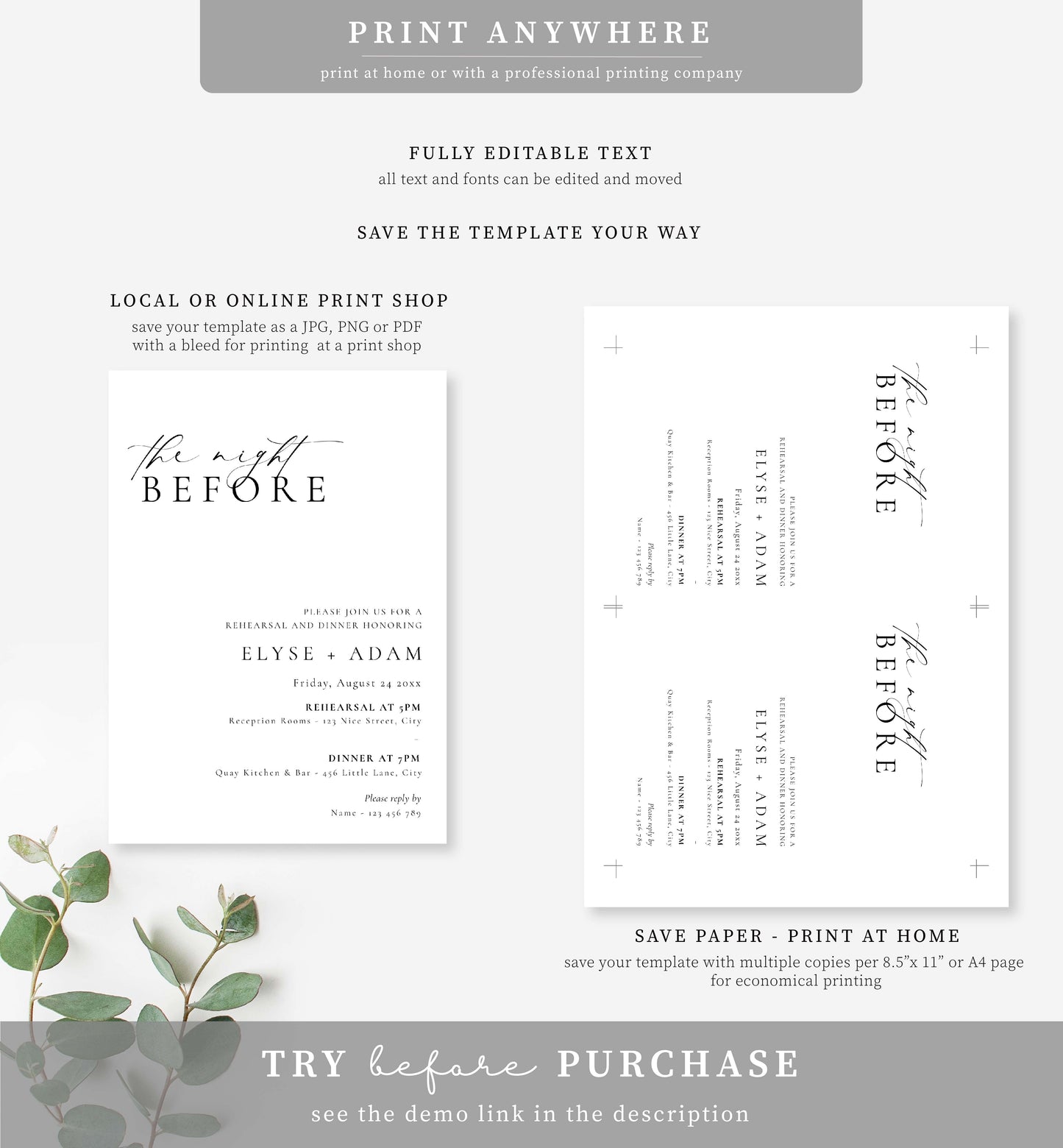 Ellesmere White | Printable Rehearsal Dinner Invitation Template