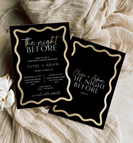 Wave Black Gold | Printable Rehearsal Dinner Invitation Template