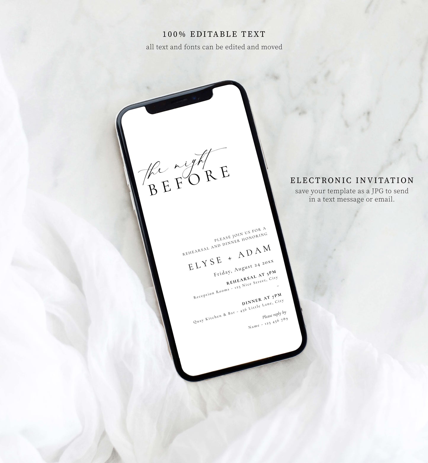 Ellesmere White | Smartphone Rehearsal Dinner Invitation Template