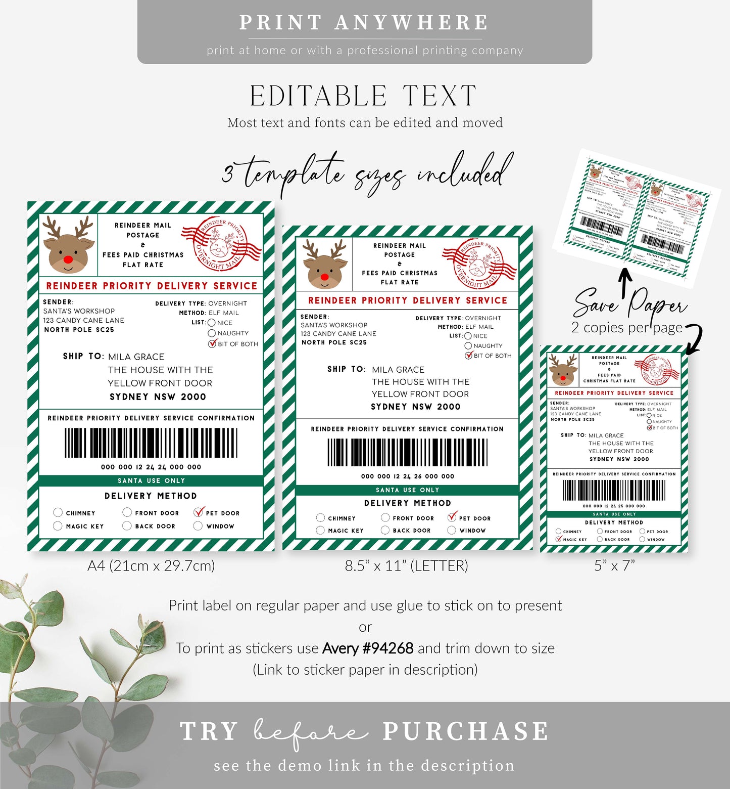 Santa's Workshop Green | Printable Reindeer Christmas Shipping Label Template