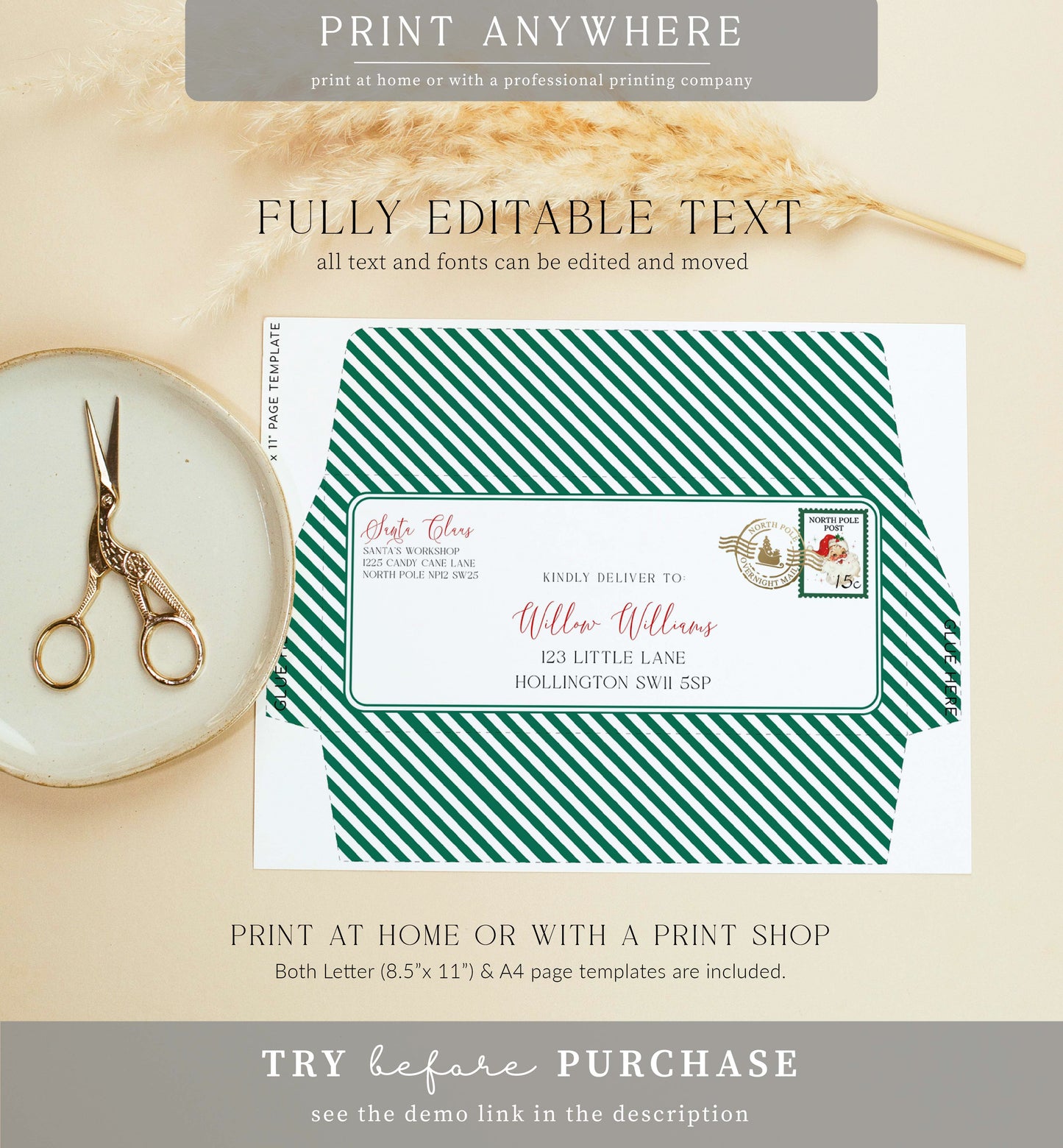 Santa's Workshop Green | Printable Christmas Envelope Template