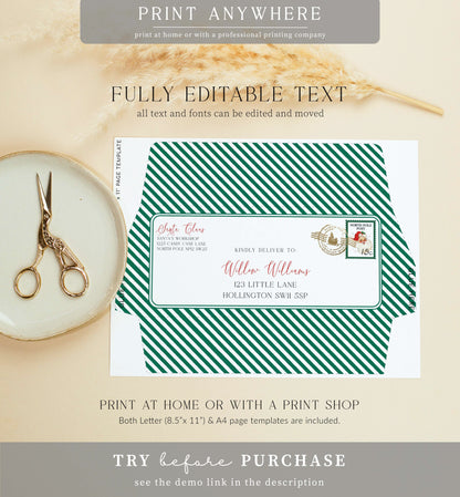 Santa's Workshop Green | Printable Christmas Envelope Template