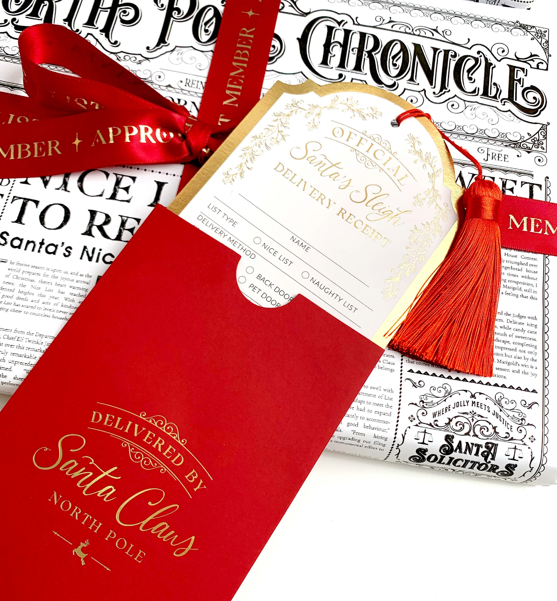 Santa's Sleigh Delivery Receipt Christmas Gift Tags, Red Envelope and Red Tassel, From Santa's Workshop Gift Tag Label, North Pole Gift Tag