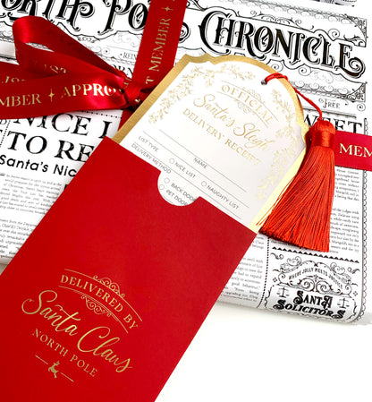 Santa's Sleigh Delivery Receipt Christmas Gift Tags, Red Envelope and Red Tassel, From Santa's Workshop Gift Tag Label, North Pole Gift Tag
