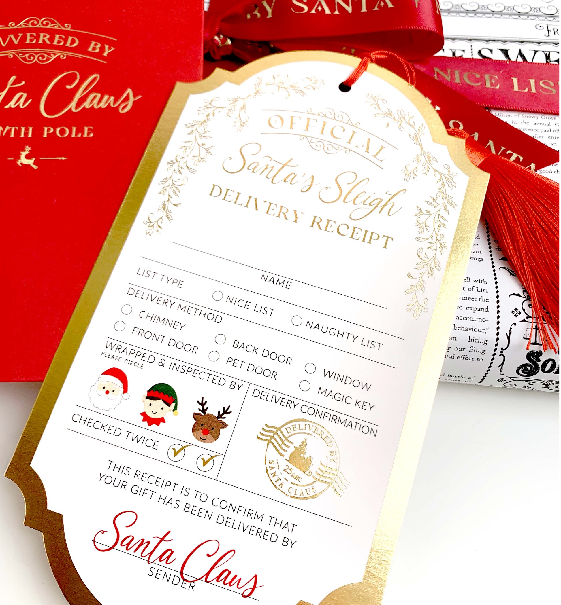 Santa's Sleigh Delivery Receipt Christmas Gift Tags, Red Envelope and Red Tassel, From Santa's Workshop Gift Tag Label, North Pole Gift Tag