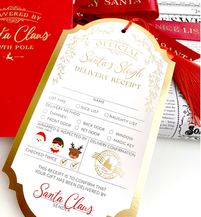 Santa's Sleigh Delivery Receipt Christmas Gift Tags, Red Envelope and Red Tassel, From Santa's Workshop Gift Tag Label, North Pole Gift Tag
