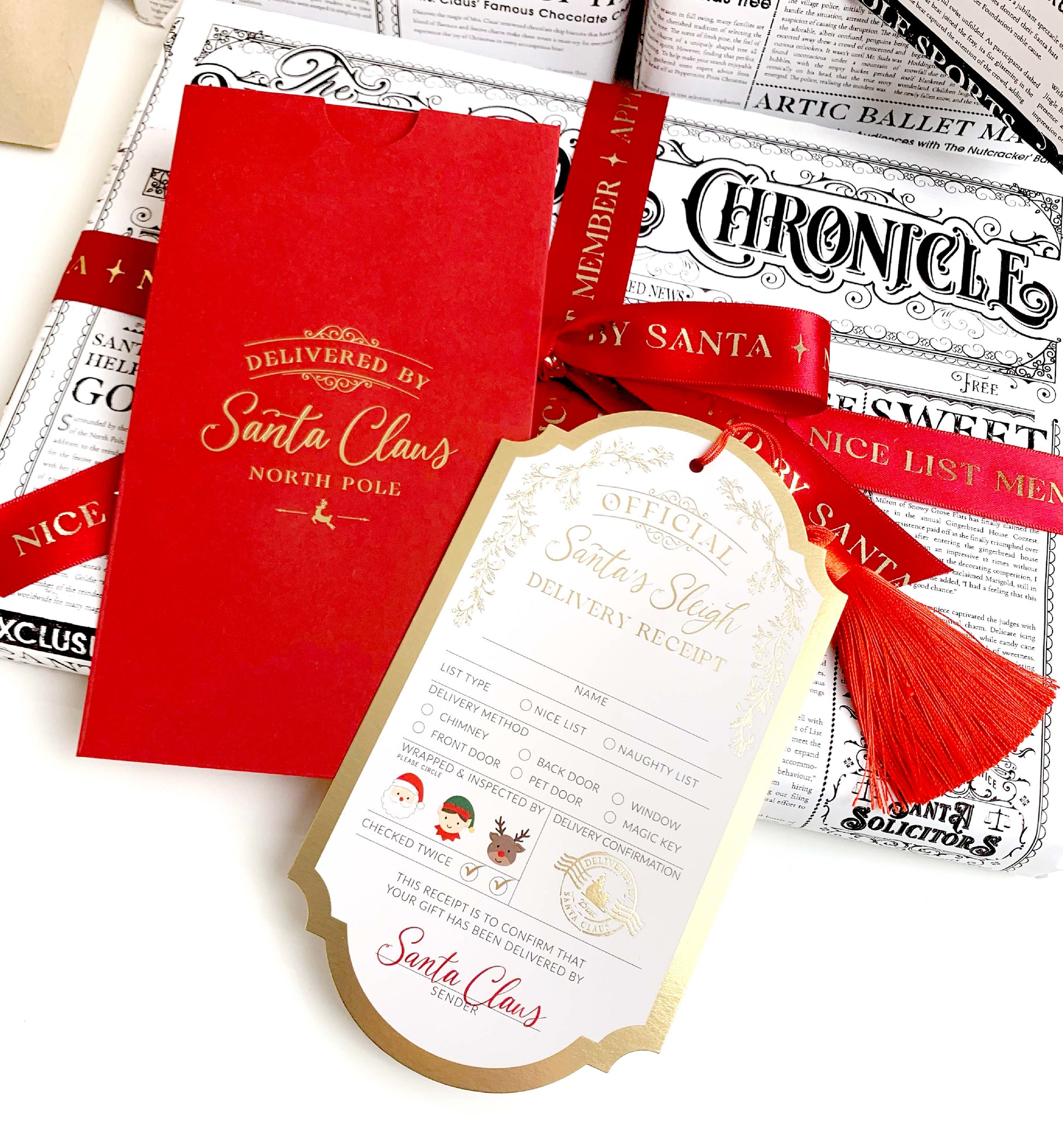 Santa's Sleigh Delivery Receipt Christmas Gift Tags, Red Envelope and Red Tassel, From Santa's Workshop Gift Tag Label, North Pole Gift Tag