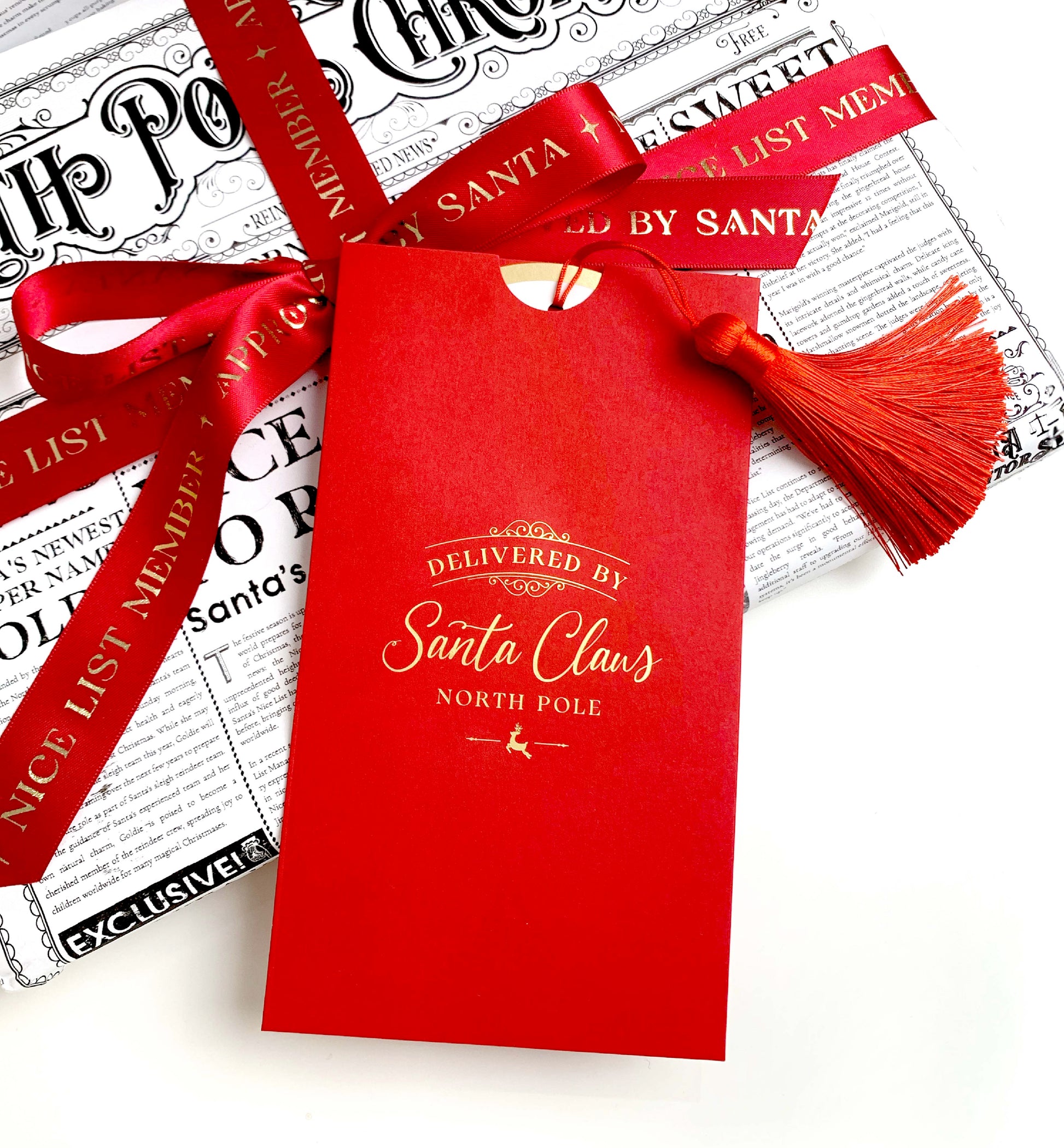 Santa's Sleigh Delivery Receipt Christmas Gift Tags, Red Envelope and Red Tassel, From Santa's Workshop Gift Tag Label, North Pole Gift Tag