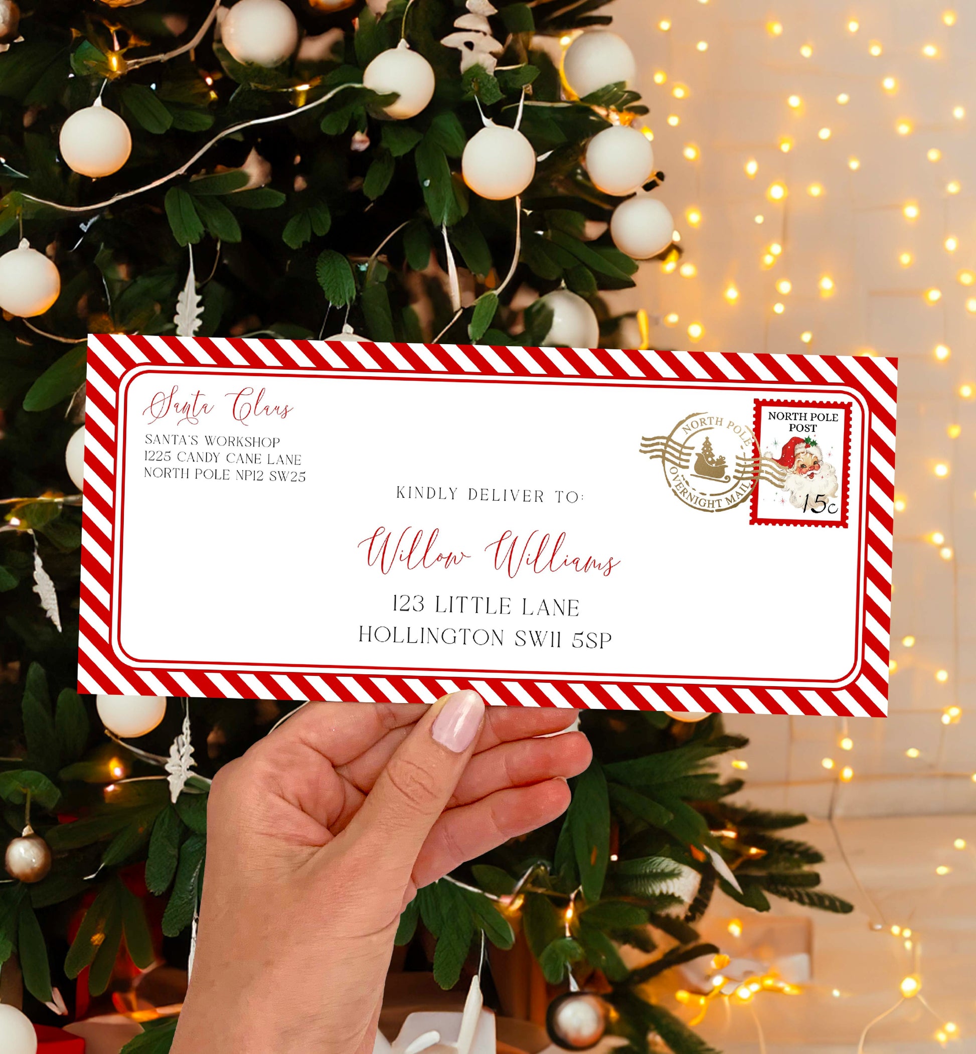 Printable Santa North Pole Mail Envelope Template, Christmas Letter From Santa Envelope, Christmas Eve Box Santa Letter, Red Stripe