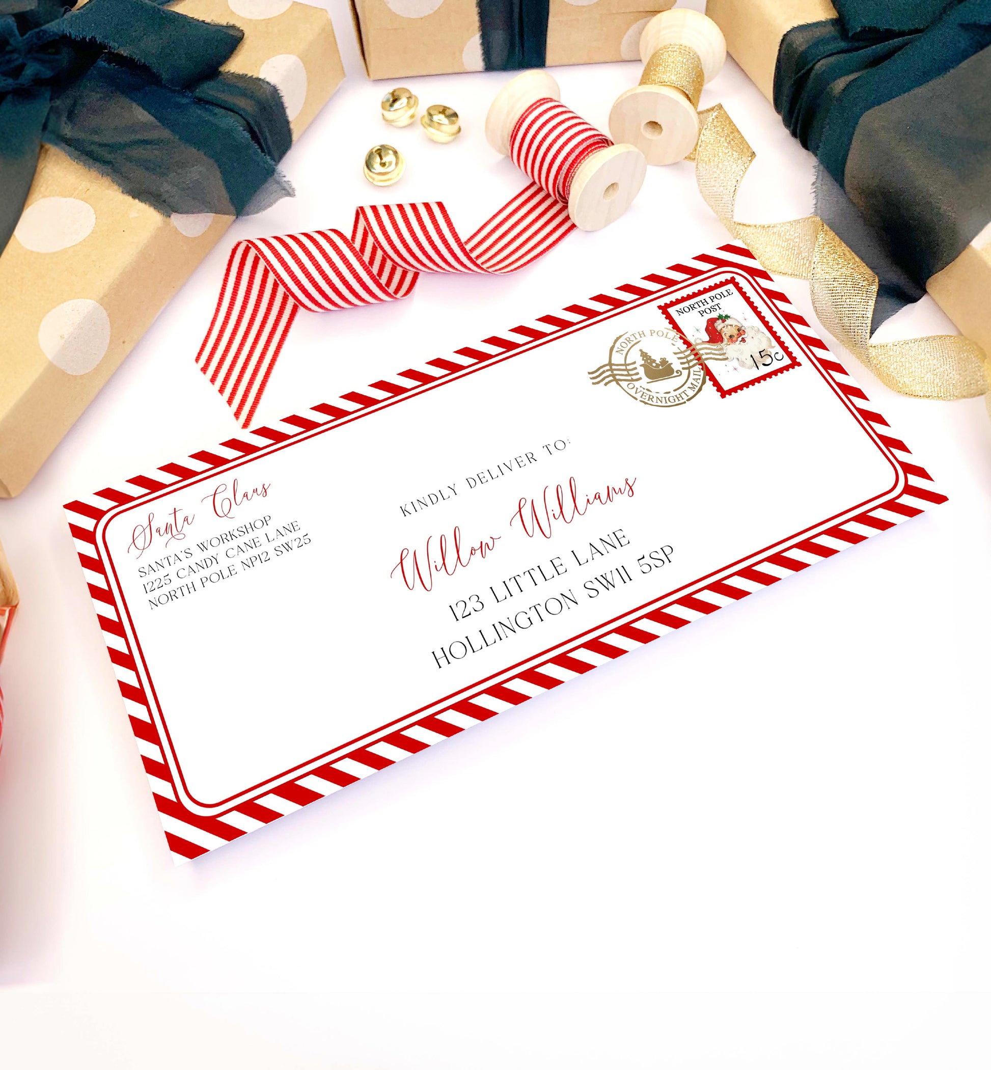 Printable Santa North Pole Mail Envelope Template, Christmas Letter From Santa Envelope, Christmas Eve Box Santa Letter, Red Stripe