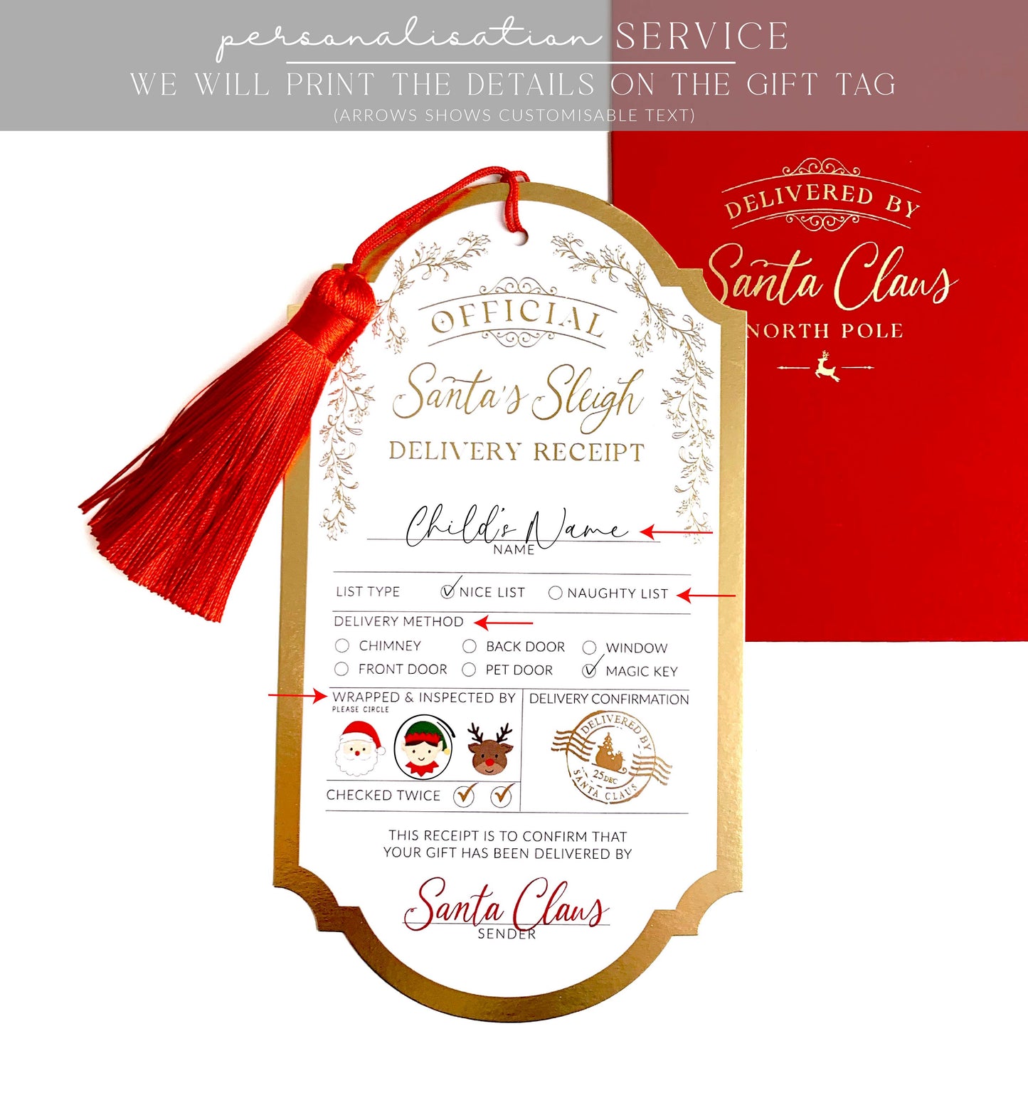 Santa's Sleigh Delivery Receipt Christmas Gift Tags, Red Envelope and Red Tassel, From Santa's Workshop Gift Tag Label, North Pole Gift Tag