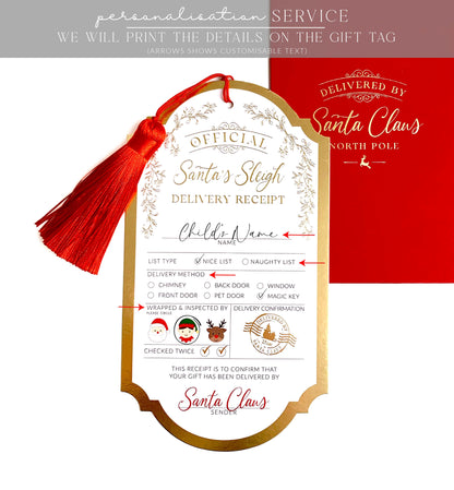 Santa's Sleigh Delivery Receipt Christmas Gift Tags, Red Envelope and Red Tassel, From Santa's Workshop Gift Tag Label, North Pole Gift Tag