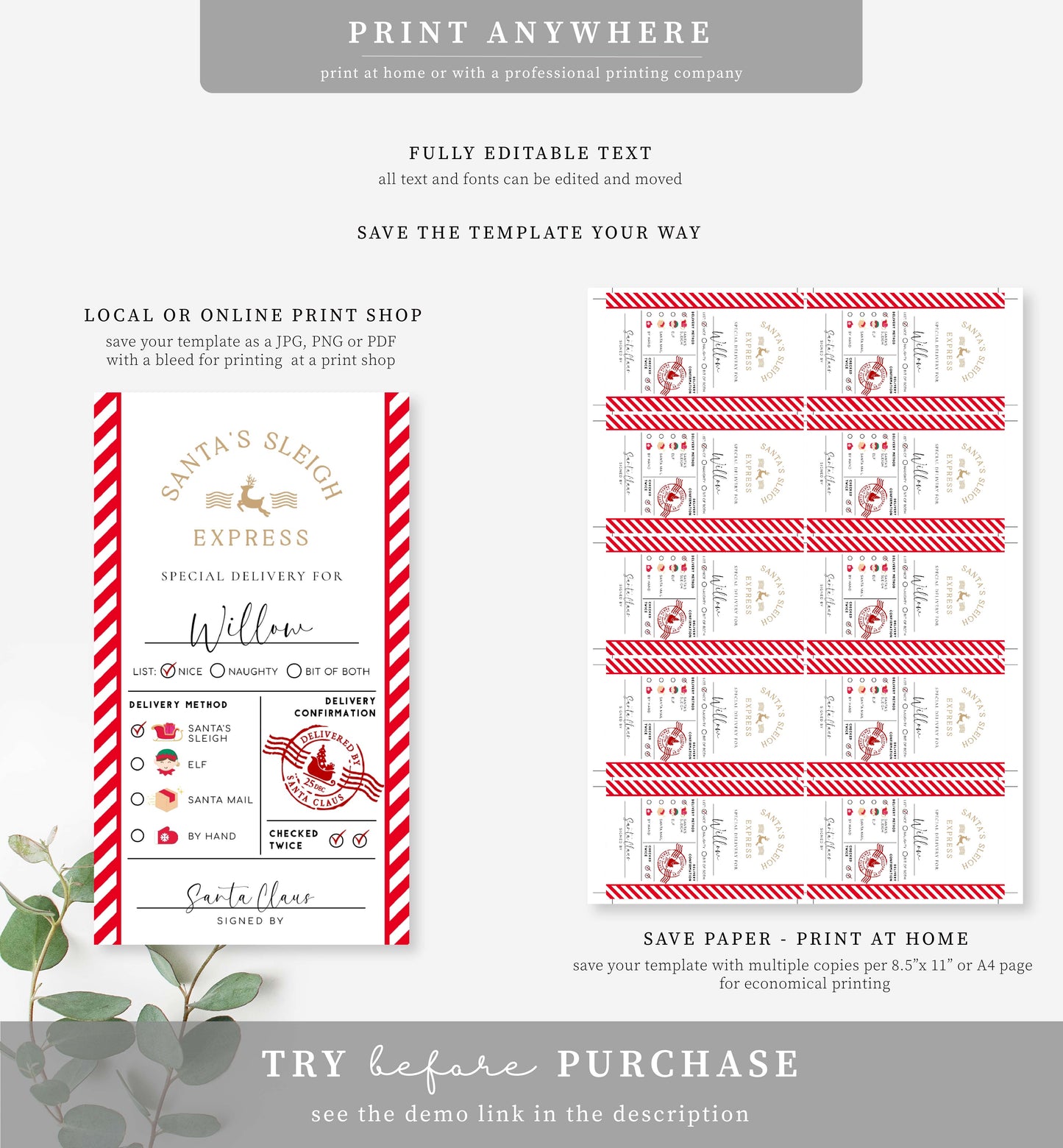 Santa's Sleigh Express Red | Printable Christmas Gift Tag Template