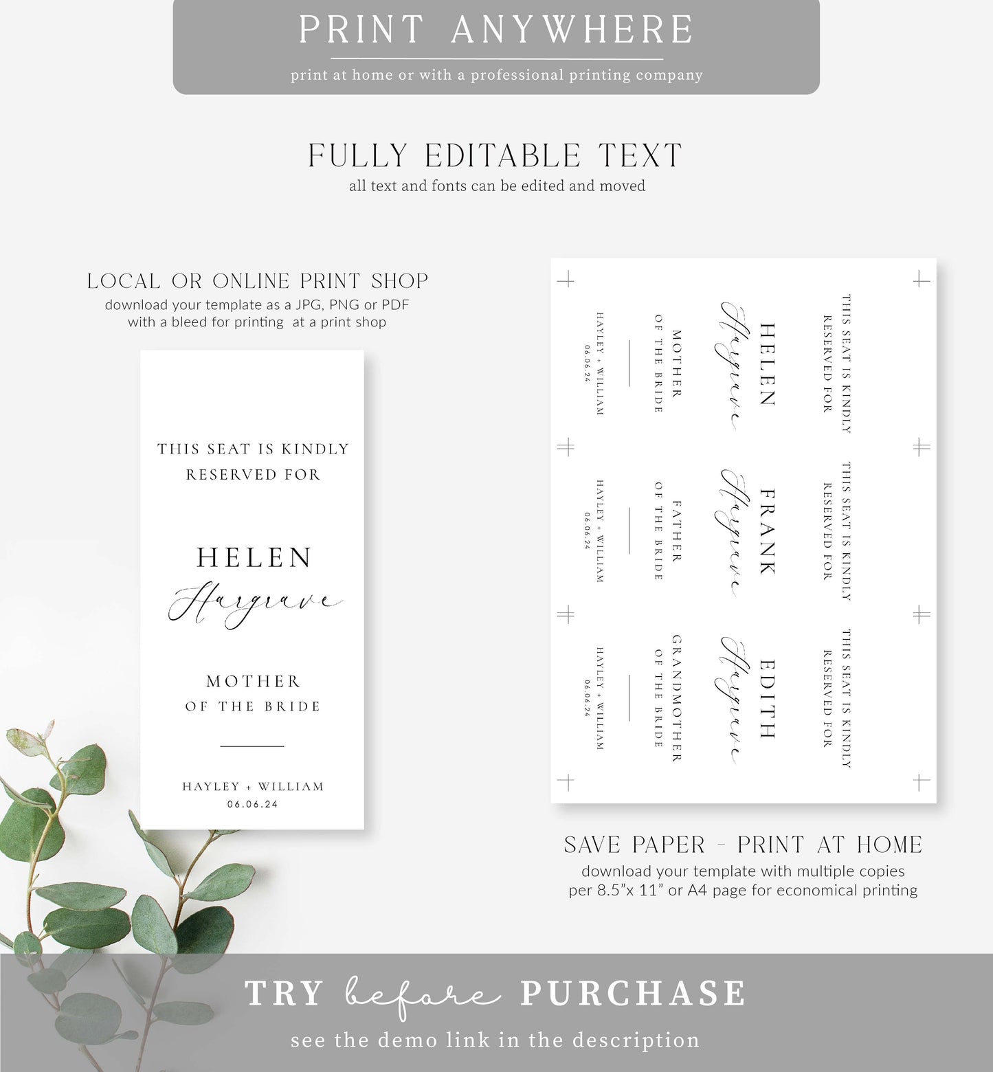Ellesmere White | Printable Reserved Seat Sign Template
