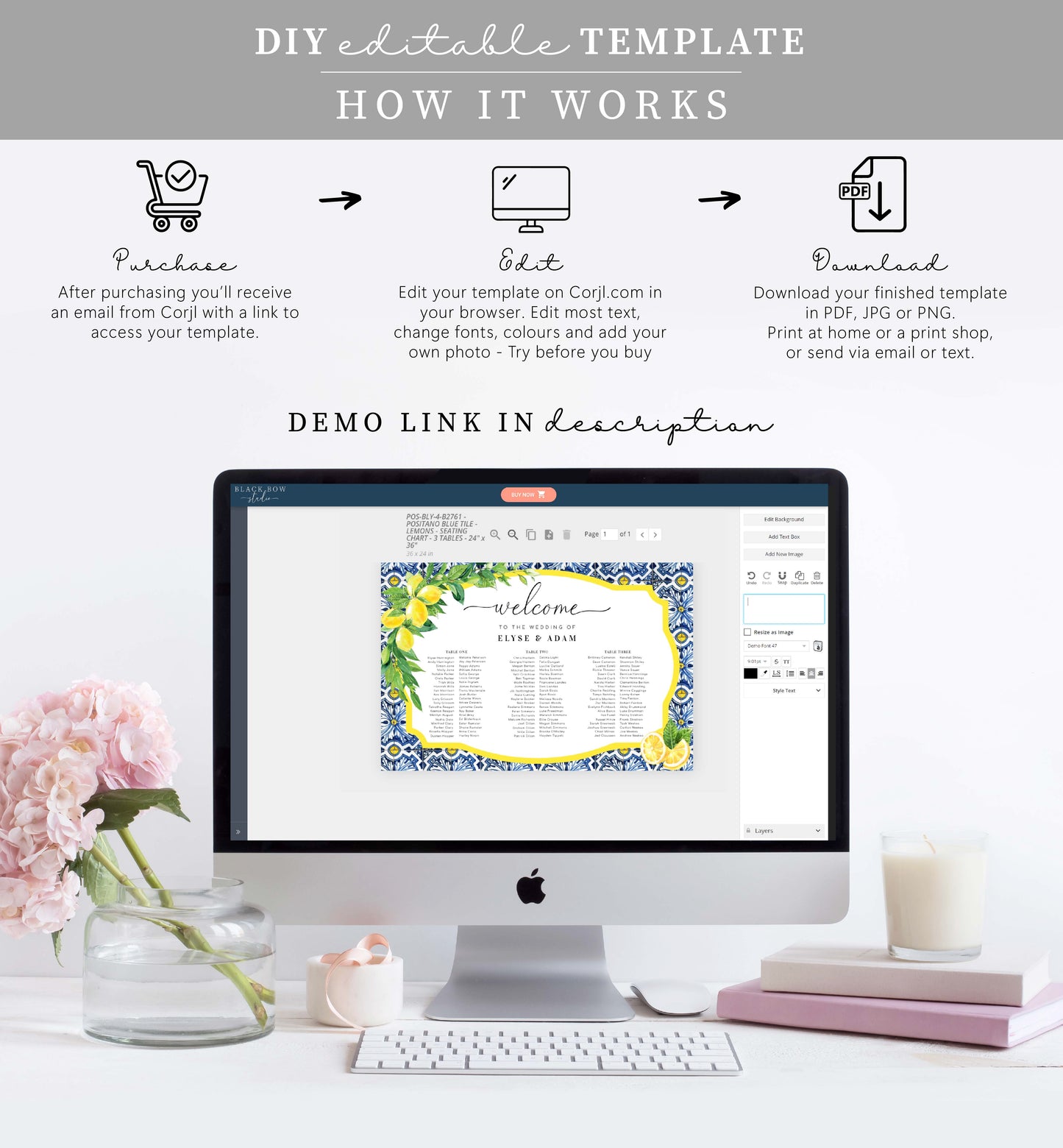 Positano Lemons | Printable 3 Banquet Tables Seating Chart Template