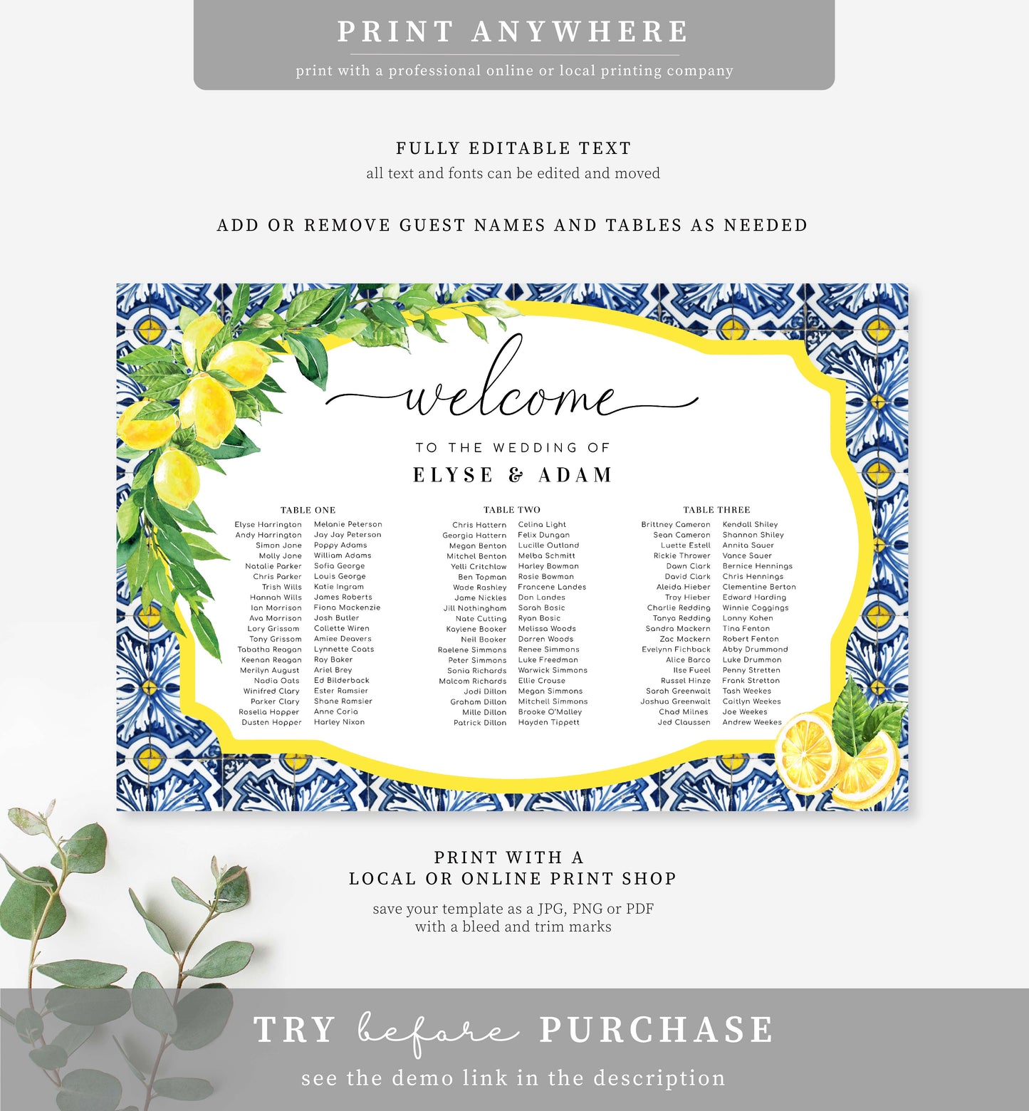 Positano Lemons | Printable 3 Banquet Tables Seating Chart Template