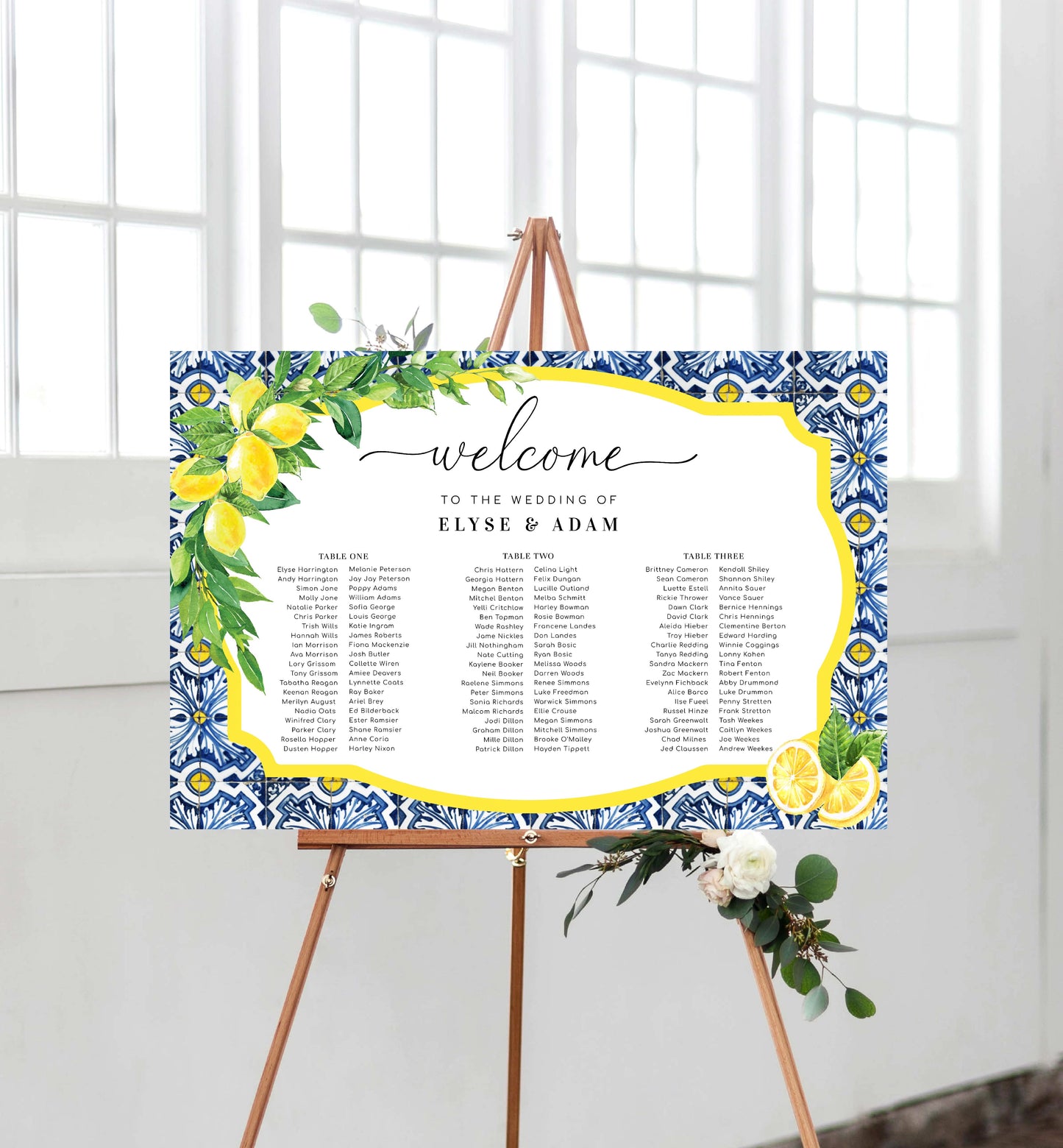 Positano Lemons | Printable 3 Banquet Tables Seating Chart Template