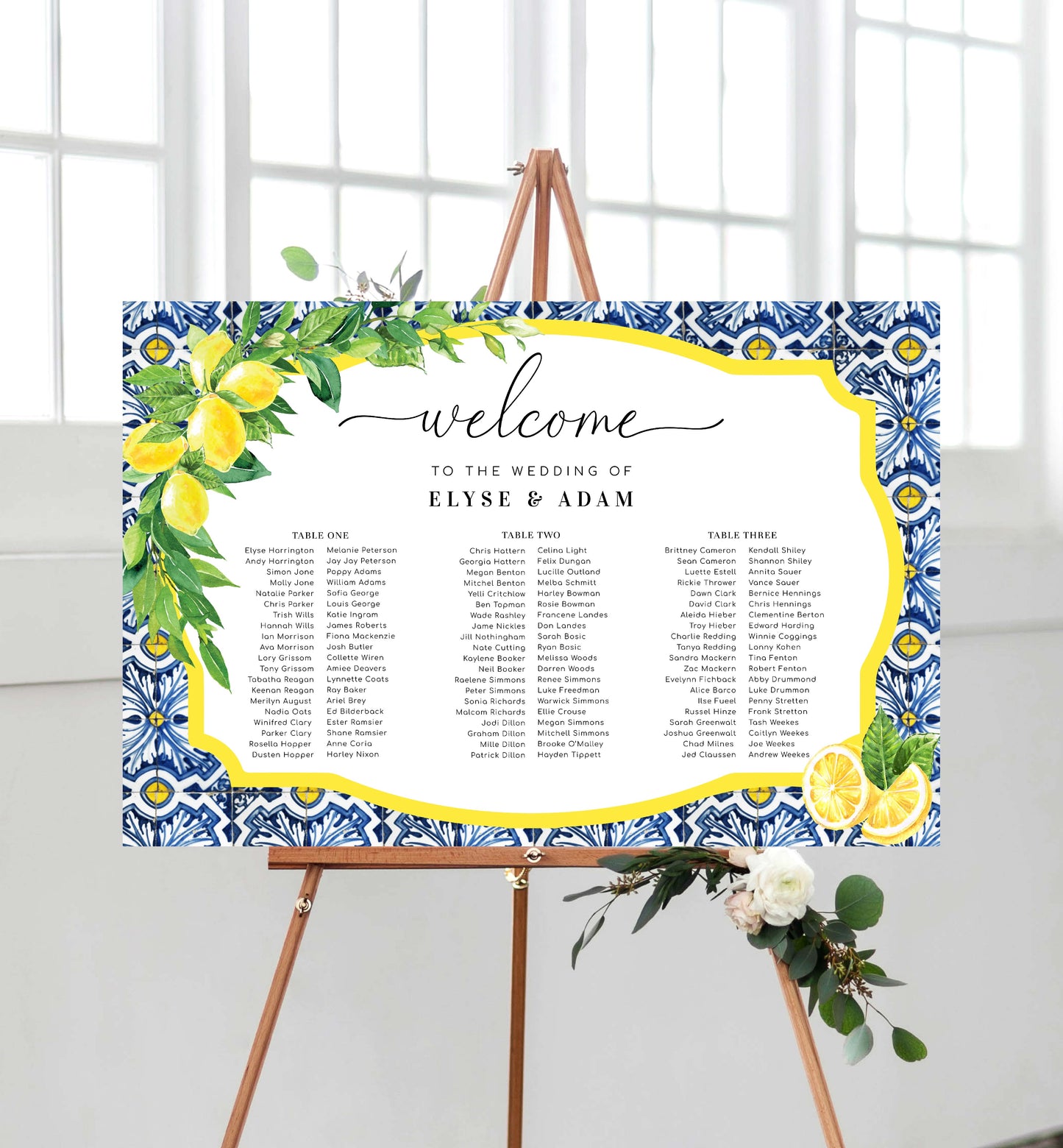 Positano Lemons | Printable 3 Banquet Tables Seating Chart Template