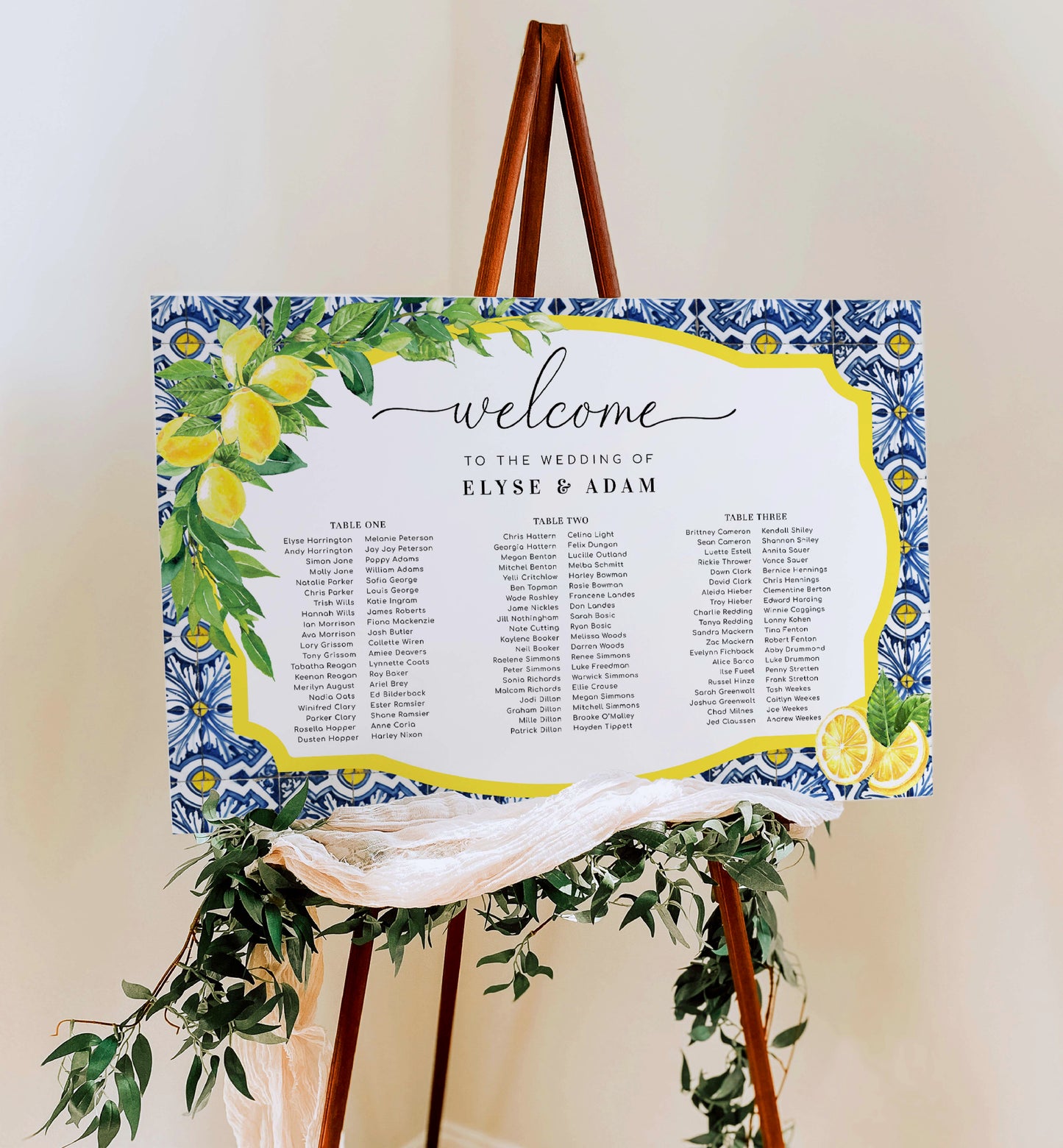 Positano Lemons | Printable 3 Banquet Tables Seating Chart Template