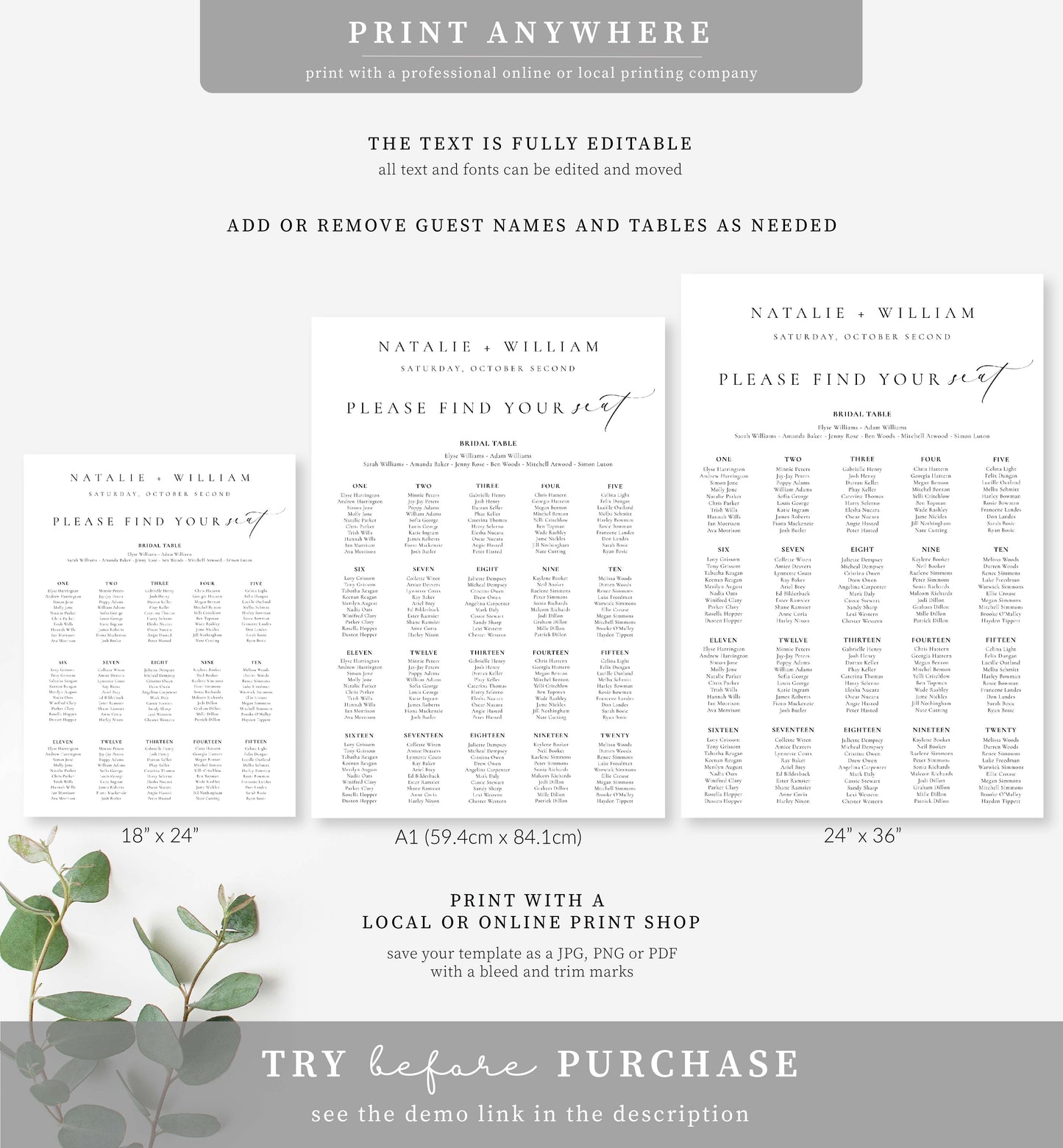 Ellesmere White | Printable Seating Chart Template