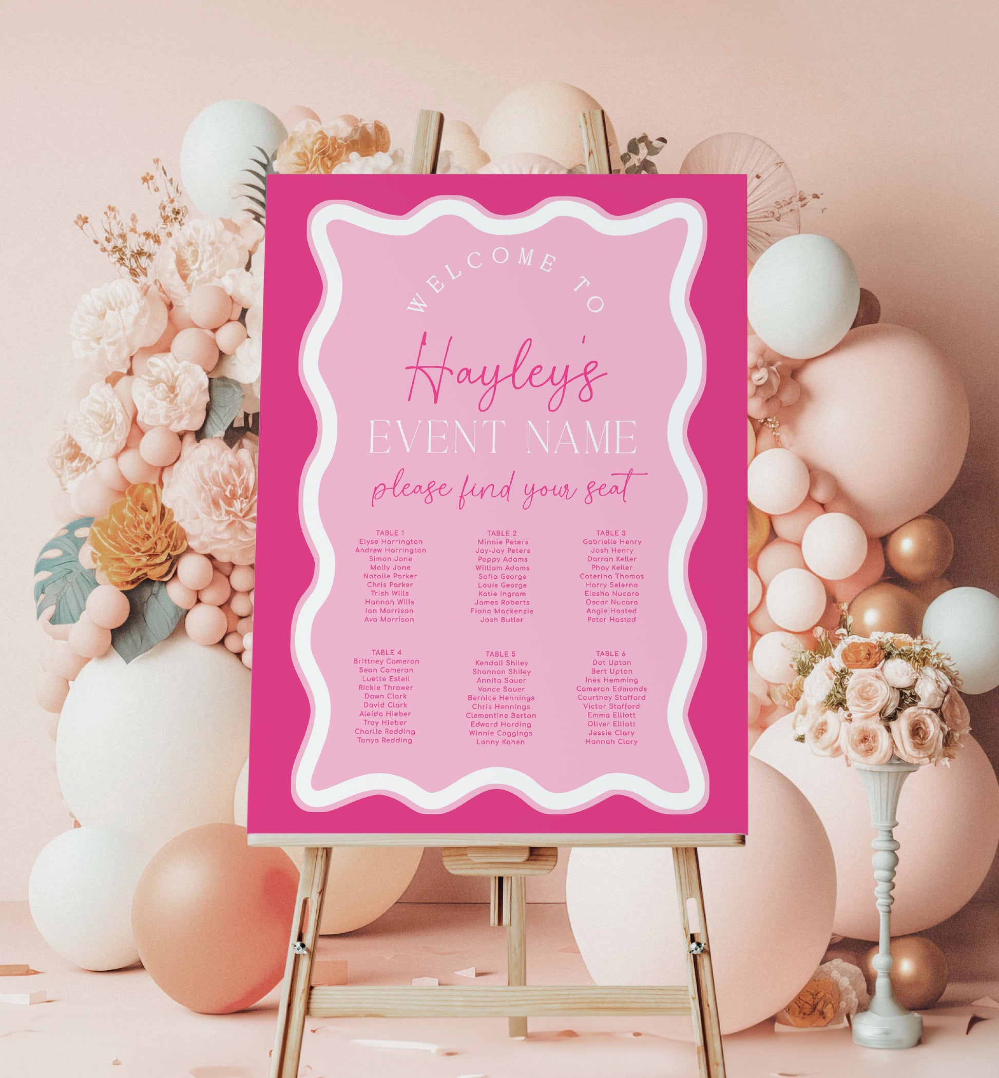Wave Hot Pink | Printable Seating Chart Template – Black Bow Studio wave-hot-pink-printable-seating-chart-template-black-bow-studio