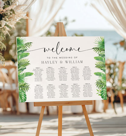 Wedding seating chart with tropical leaf design on an easel outdoors. Tropical Palm Wedding Table Plan, Printable Editable Seating Chart Template, Tropical Greenery Wedding Seating Plan Card, Nantucket Palm