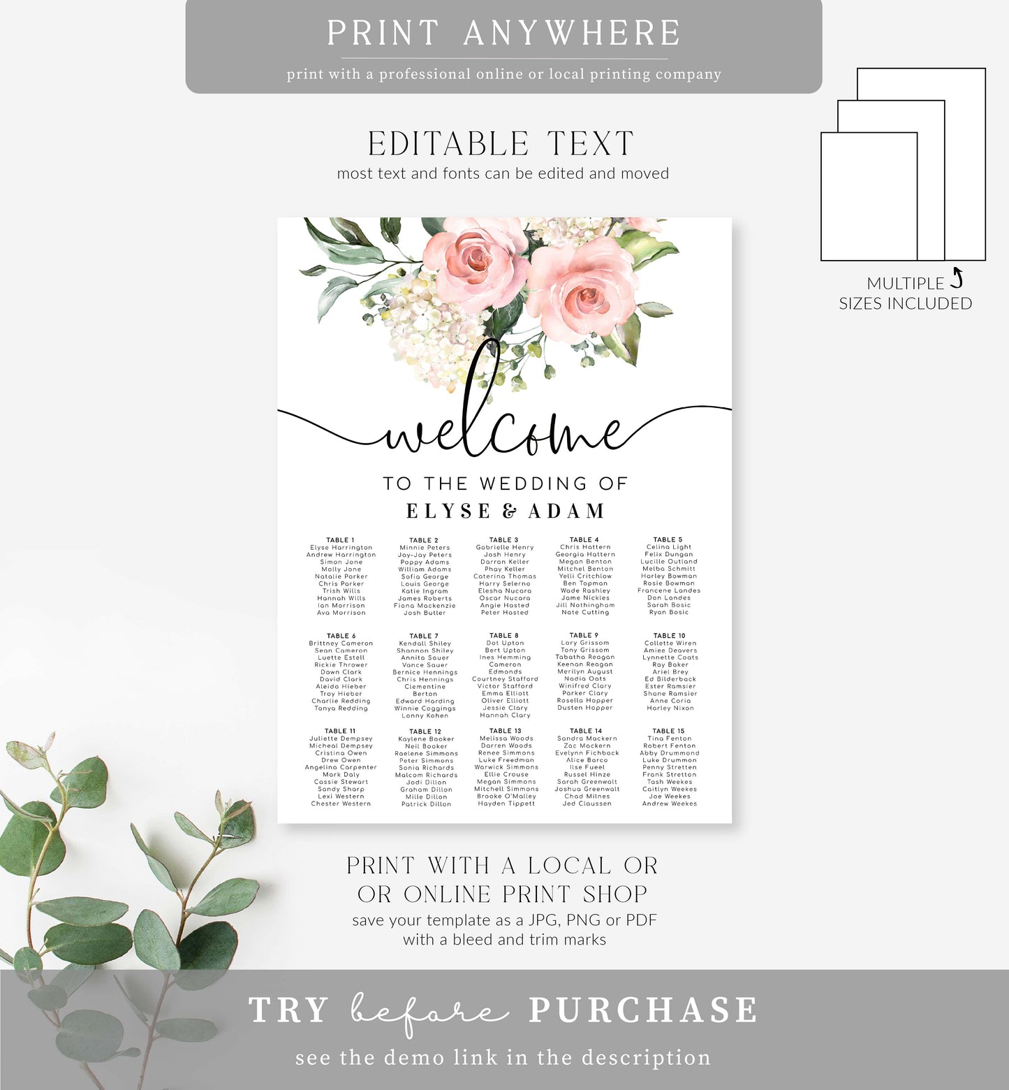 Darcy Floral Pink | Printable Seating Chart Template