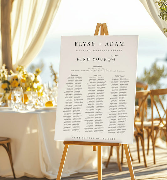 Wedding seating chart on an easel with outdoor setting. Printable 3 Banquet Table and Bridal Tables Seating Plan, Modern Minimal Seating Chart Template, Guest List Seating Plan Poster, Estelle