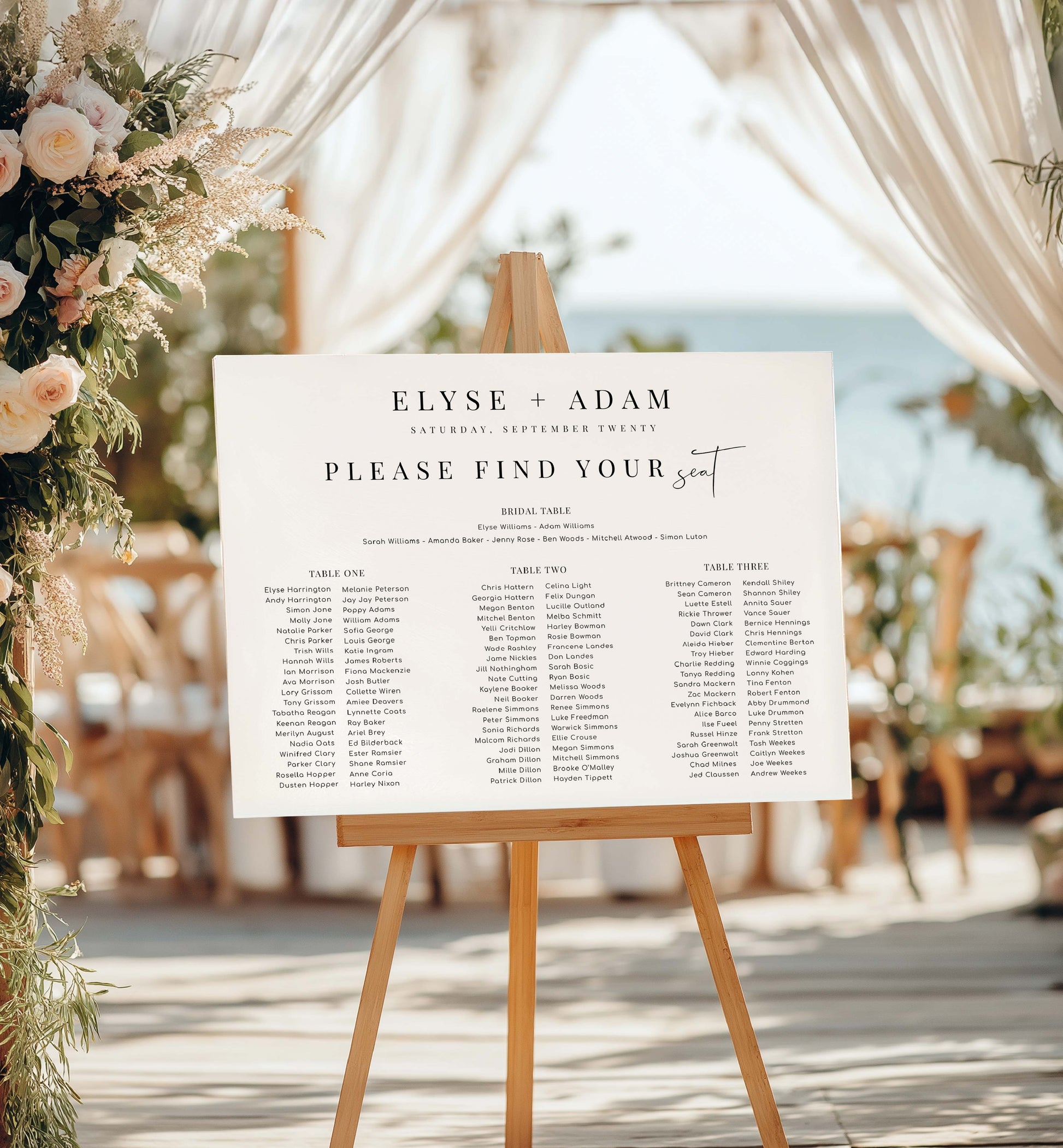 Wedding seating chart on an easel with floral decorations and outdoor setting. Printable 3 Banquet Table and Bridal Tables Seating Plan, Modern Minimal Seating Chart Template, Guest List Seating Plan Poster, Estelle