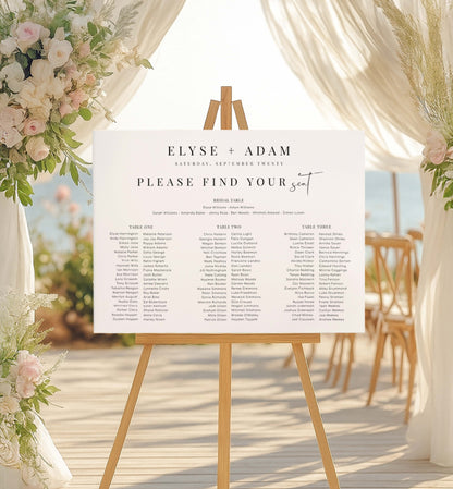 Seating chart for a wedding with floral decorations and a clear sky background. Printable 3 Banquet Table and Bridal Tables Seating Plan, Modern Minimal Seating Chart Template, Guest List Seating Plan Poster, Estelle