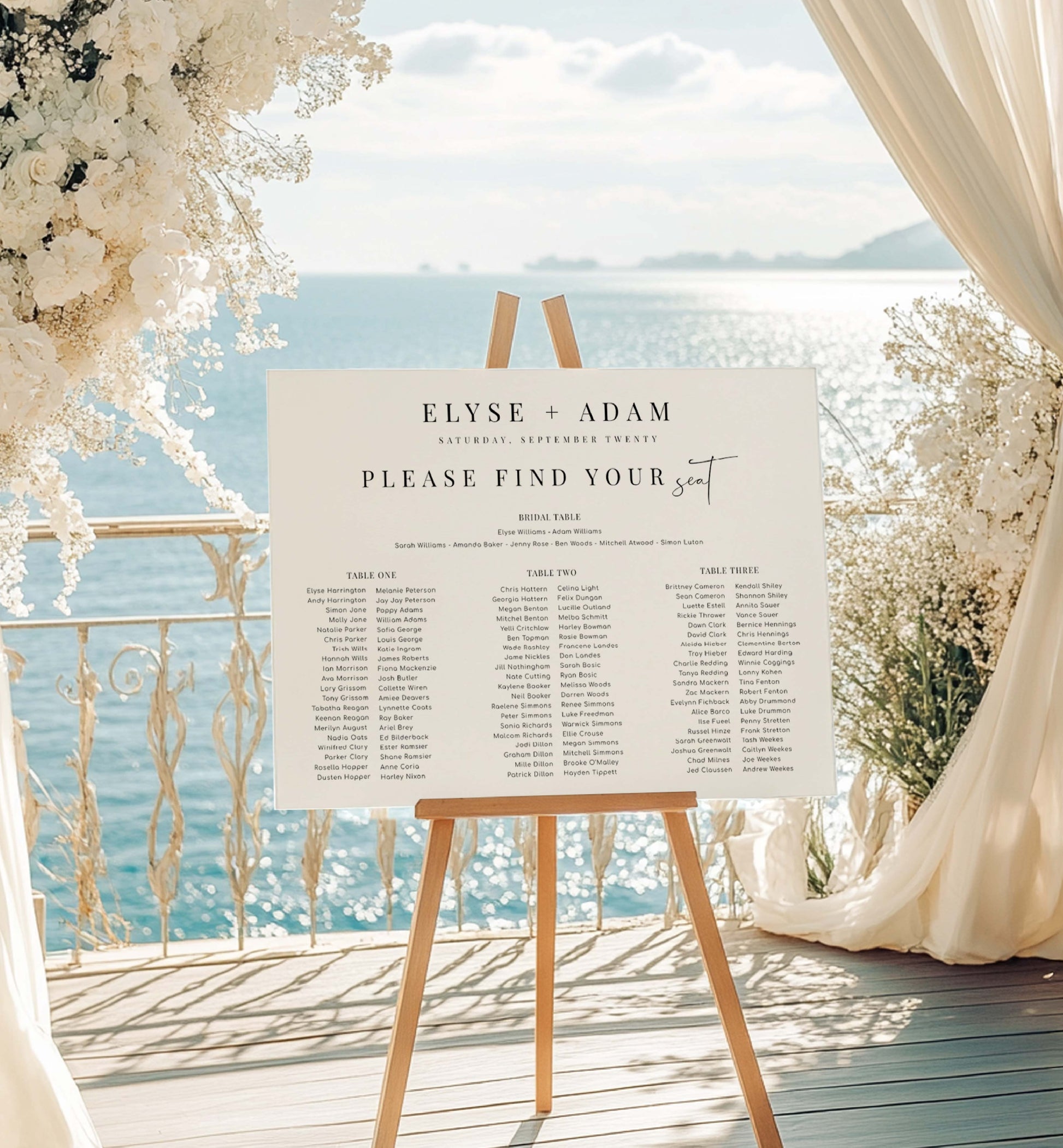 Wedding seating chart on an easel with a scenic background. Printable 3 Banquet Table and Bridal Tables Seating Plan, Modern Minimal Seating Chart Template, Guest List Seating Plan Poster, Estelle