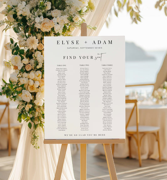 Wedding seating chart on an easel with floral decorations and tables in the background. Printable Wedding 3 Banquet Table Seating Plan, Modern Minimal Editable Seating Chart Template, Guest List Seating Plan Poster, Estelle