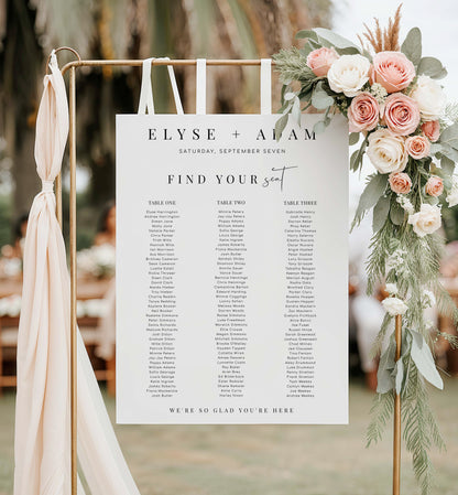 Wedding seating chart with floral decorations on a stand outdoors. Printable Wedding 3 Banquet Table Seating Plan, Modern Minimal Editable Seating Chart Template, Guest List Seating Plan Poster, Estelle